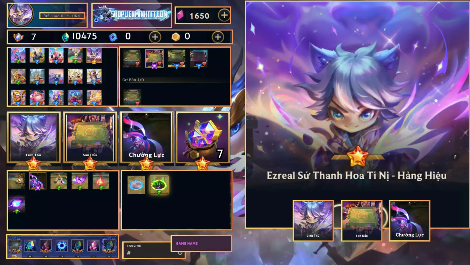 - Ezreal Sứ Thanh Hoa Hàng Hiệu  Kèm Chưởng  - Dư 7 Huy Chương - 1 Vàng - 2 Tím - 1 Sàn Tím  - Dư 10475 Pha Lê - 0 Tí Nị Thường - 2 Sàn Đỏ  - Chưởng Lực Như Ảnh - Rank TFT Bạc 3
